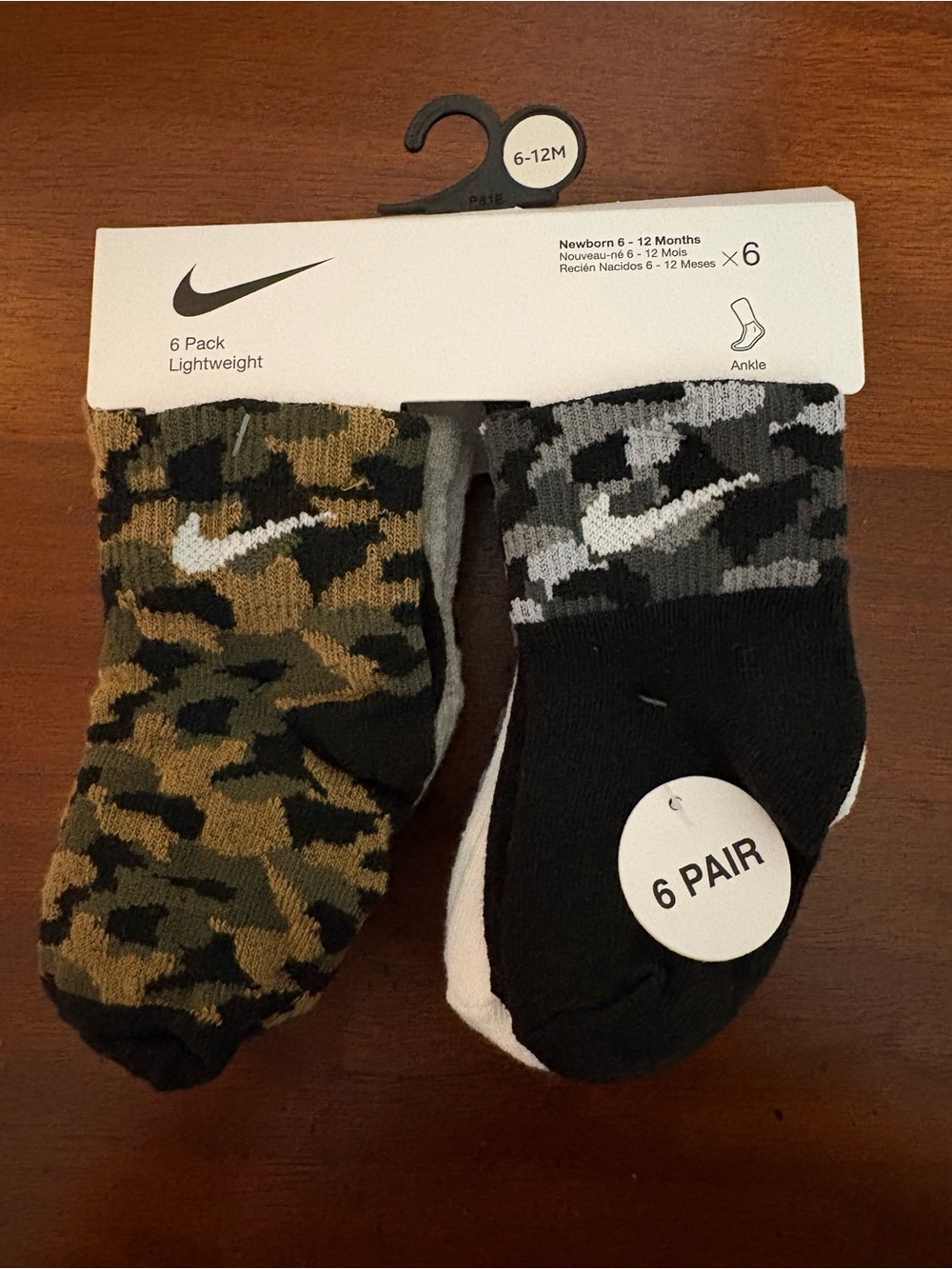 New Nike 6 Pack Lightweight Camo Ankle Socks Newborn 6-12 Months
